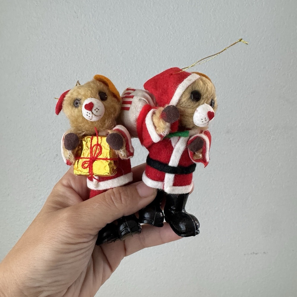 Vintage 70s Teddy Bear Santa Claus Christmas Ornament Felt Plush Kitsch Retro